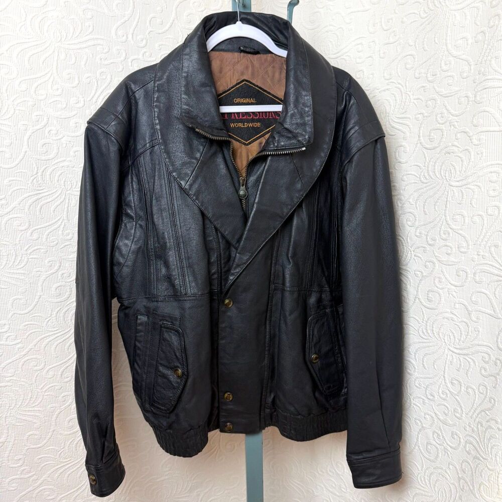 VTG 80s 90s Expressions Black Leather Bomber Jacket Shawl Collar Oversized